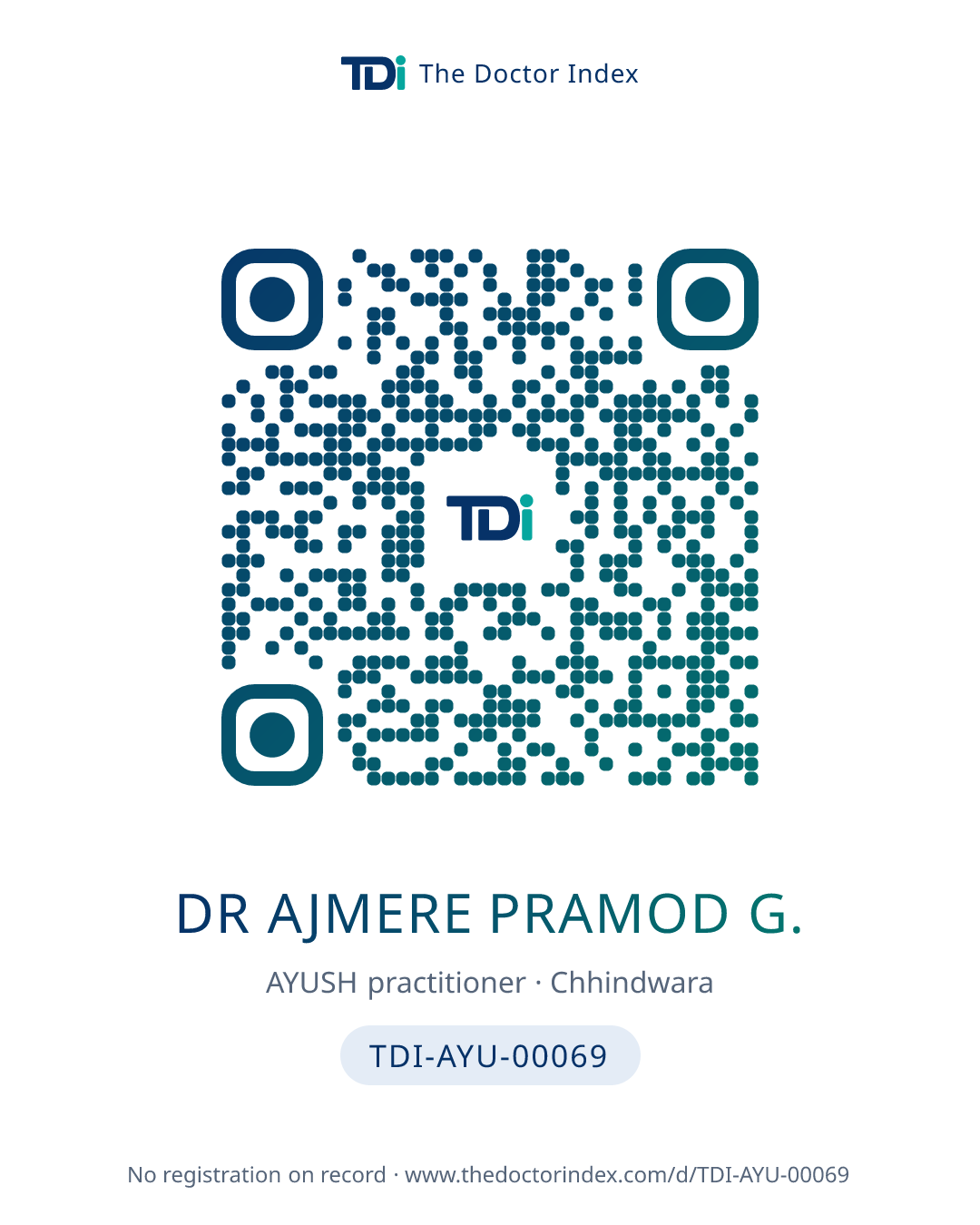 QR card for Dr Ajmere Pramod G., TDI-AYU-00069