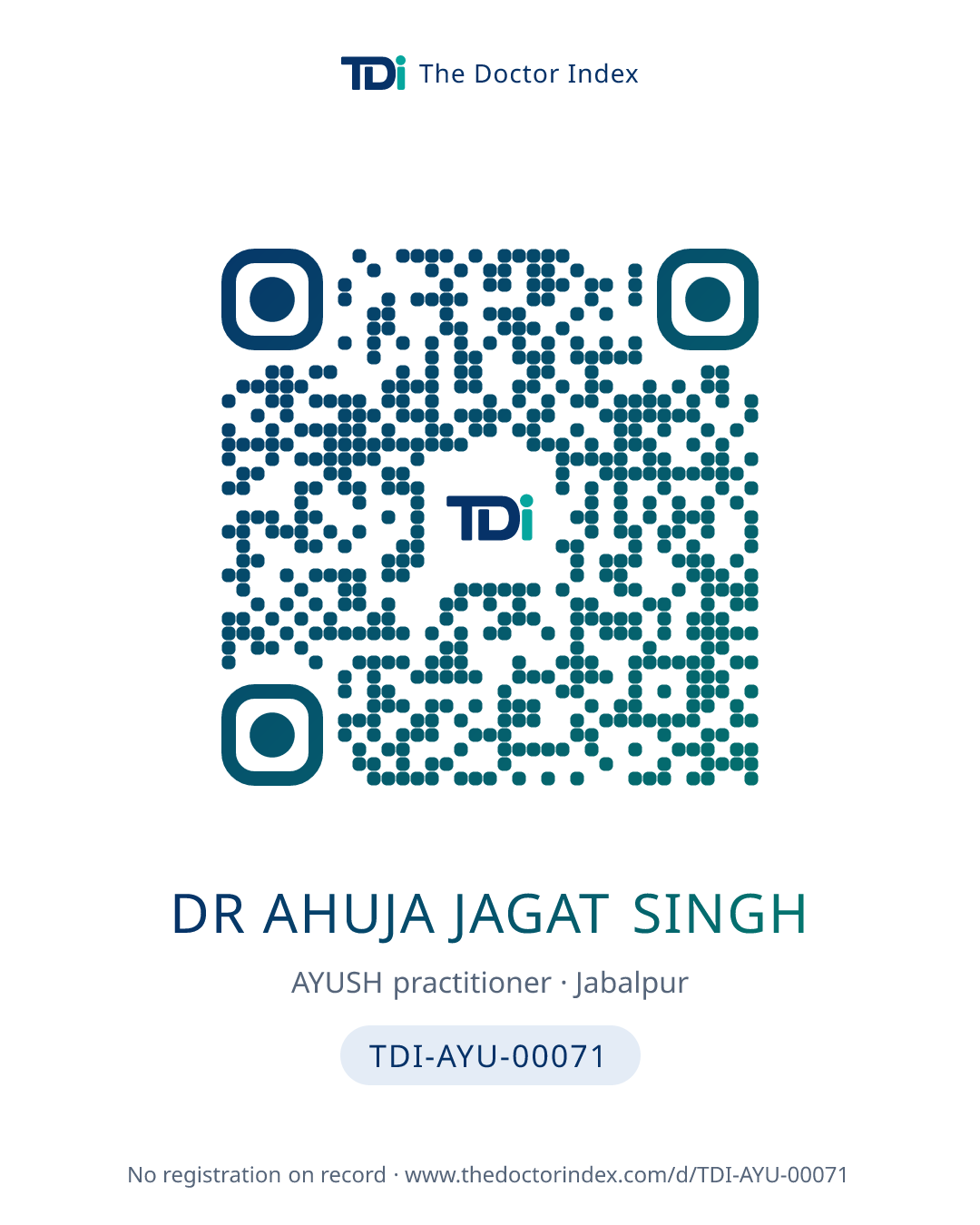 QR card for Dr Ahuja Jagat Singh, TDI-AYU-00071