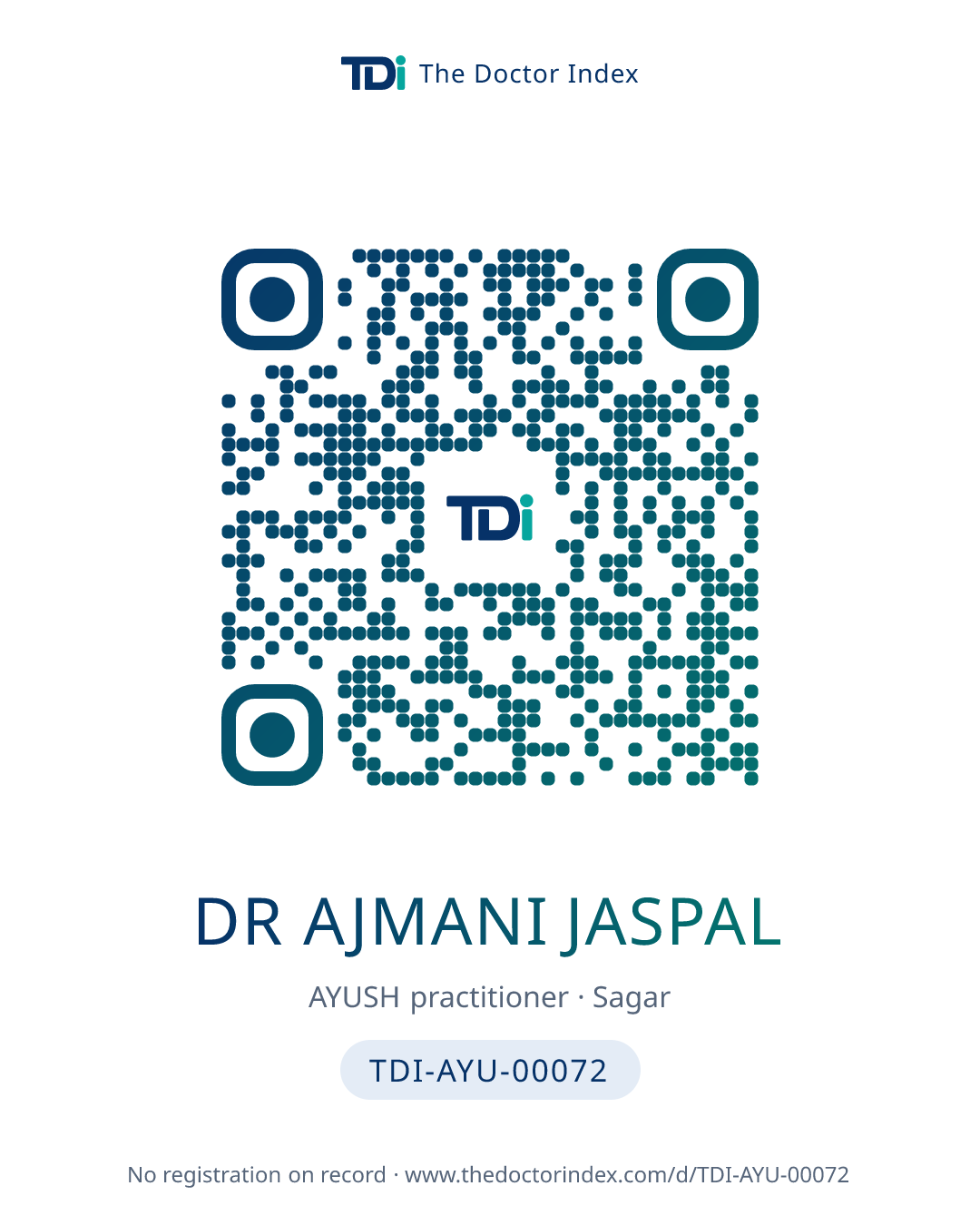 QR card for Dr Ajmani Jaspal, TDI-AYU-00072