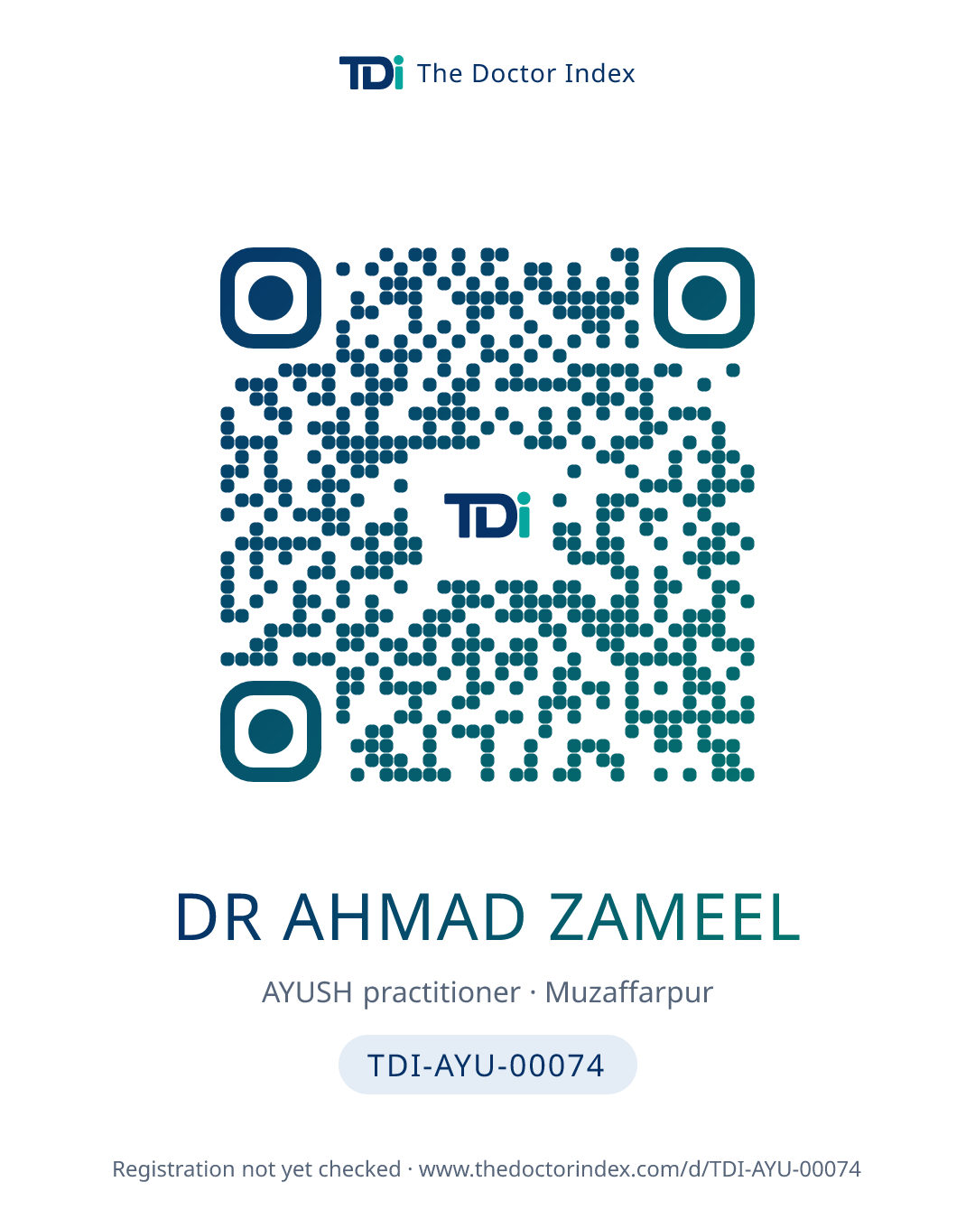 QR card for Dr Ahmad Zameel, TDI-AYU-00074