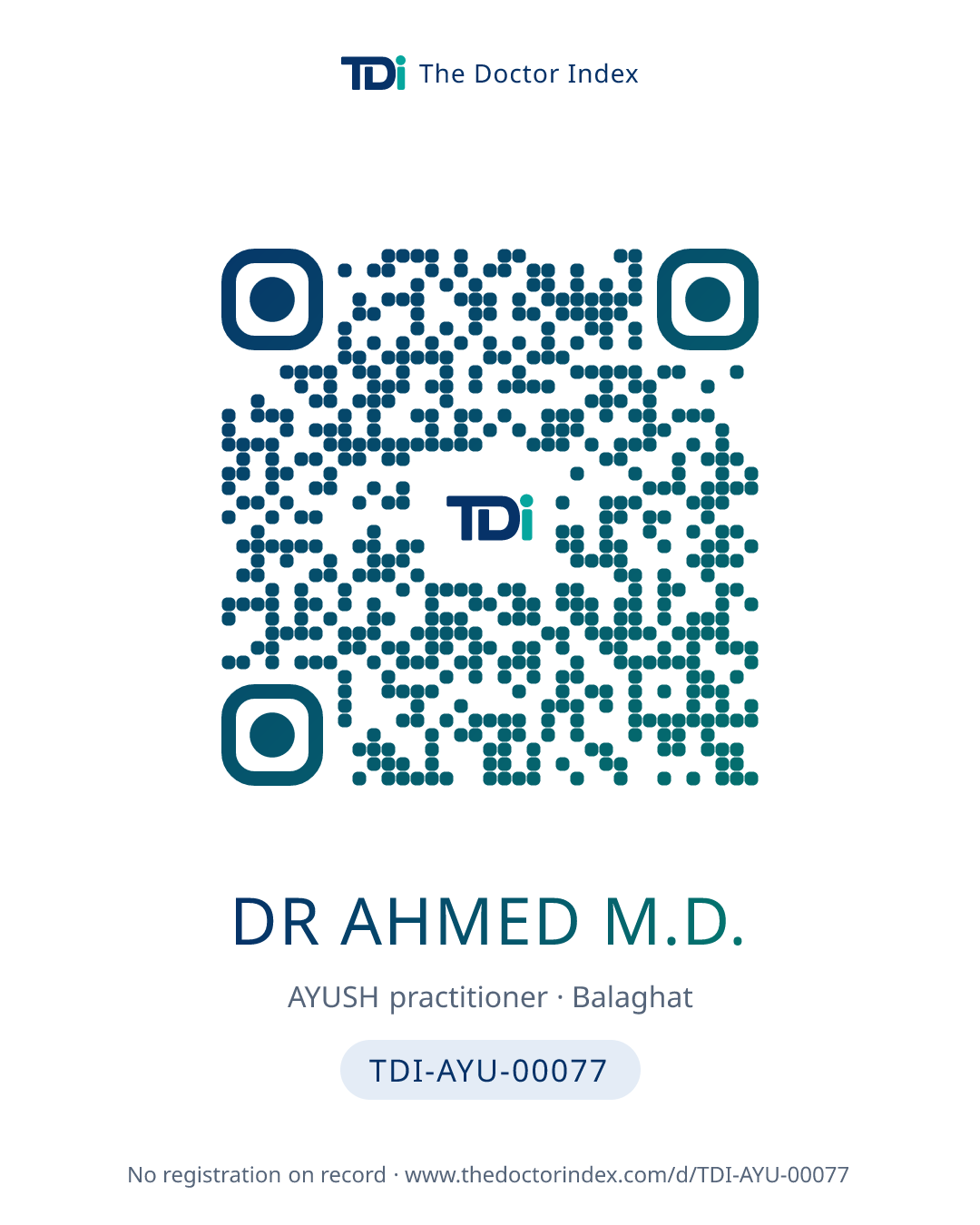 QR card for Dr Ahmed M.D., TDI-AYU-00077