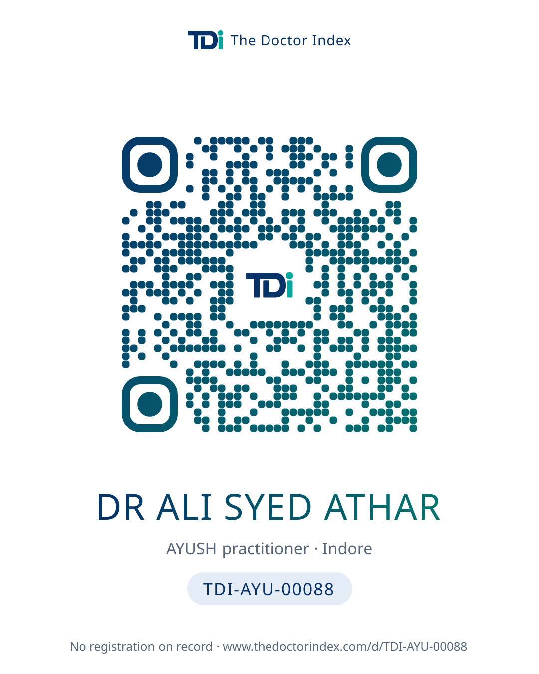 QR card for Dr Ali Syed Athar, TDI-AYU-00088