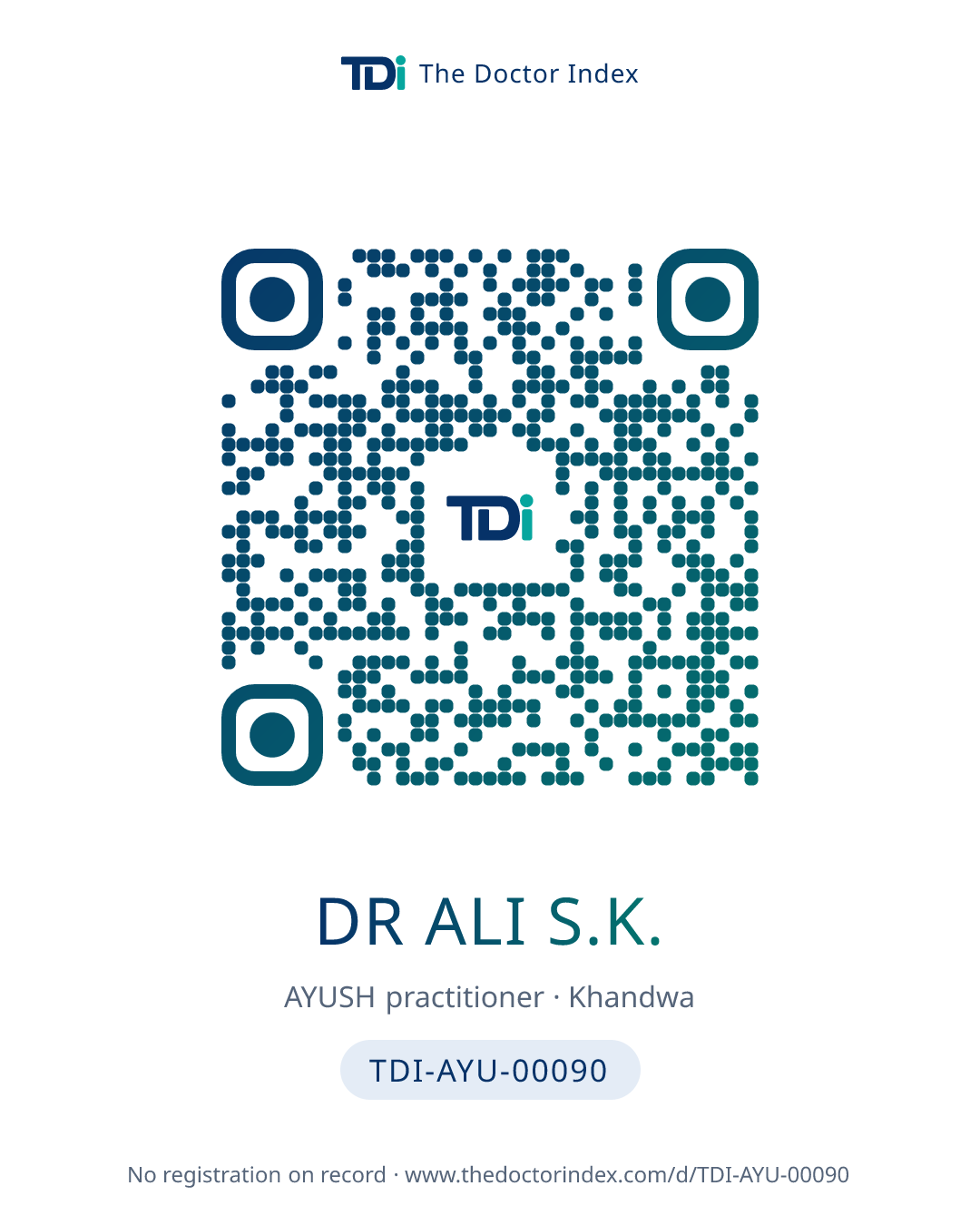 QR card for Dr Ali S.K., TDI-AYU-00090