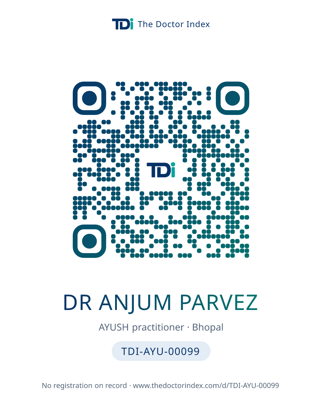 QR card for Dr Anjum Parvez, TDI-AYU-00099