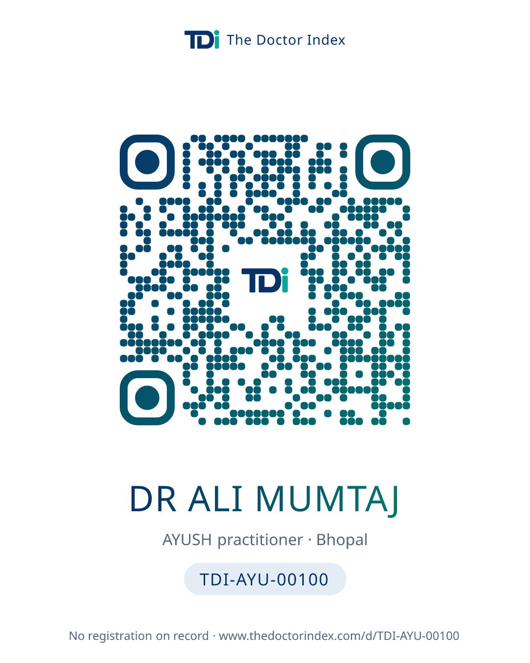QR card for Dr Ali Mumtaj, TDI-AYU-00100