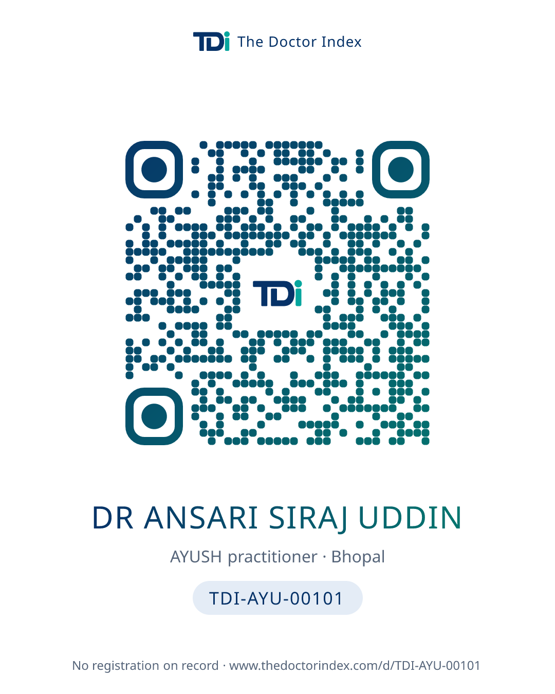 QR card for Dr Ansari Siraj Uddin, TDI-AYU-00101
