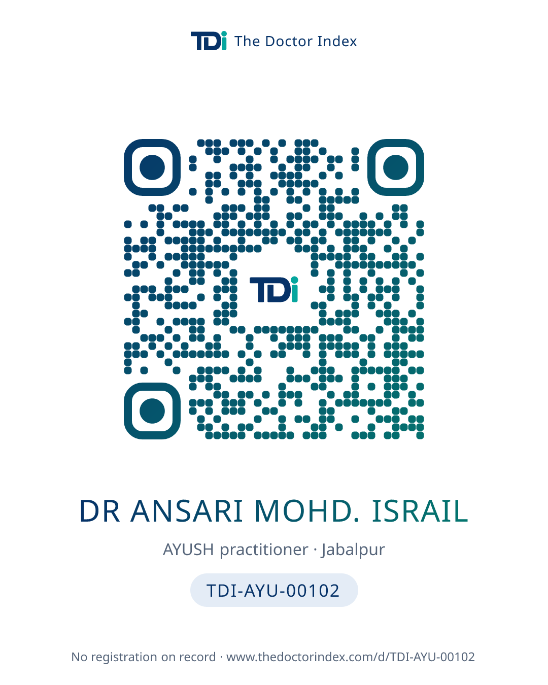 QR card for Dr Ansari Mohd. Israil, TDI-AYU-00102