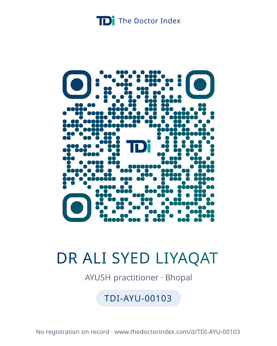 QR card for Dr Ali Syed Liyaqat, TDI-AYU-00103