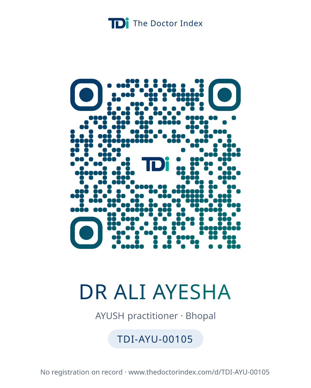 QR card for Dr Ali Ayesha, TDI-AYU-00105