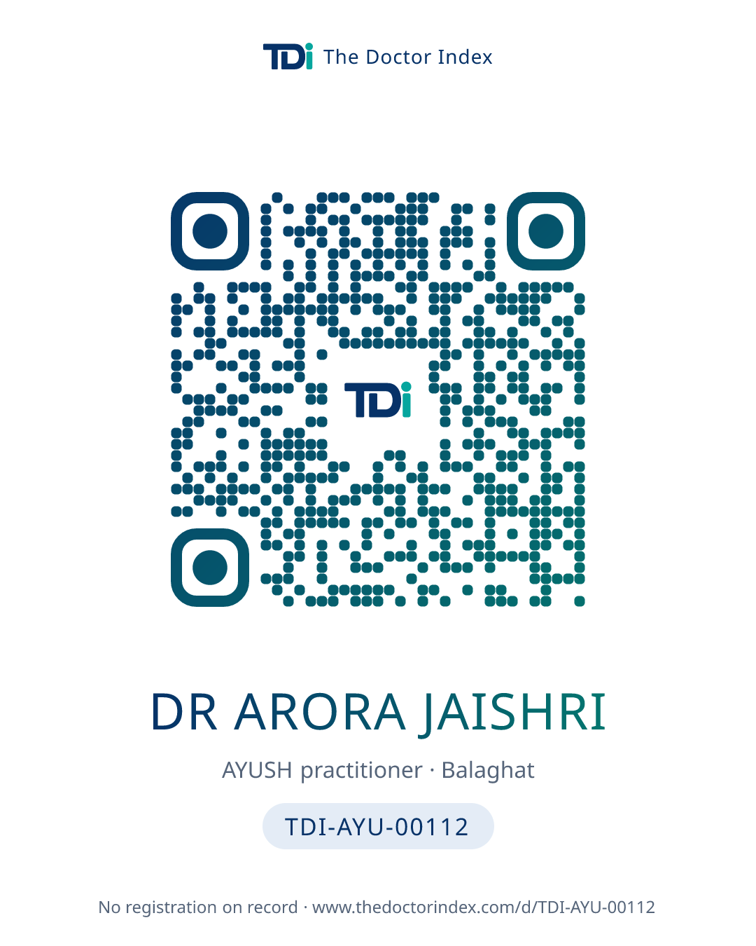 QR card for Dr Arora Jaishri, TDI-AYU-00112