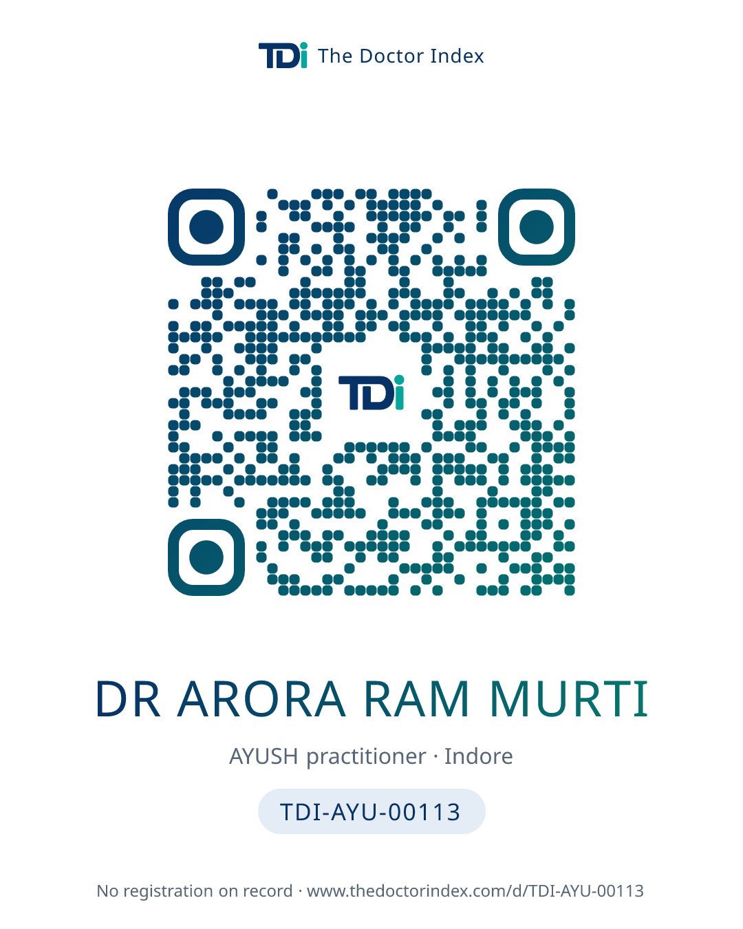 QR card for Dr Arora Ram Murti, TDI-AYU-00113