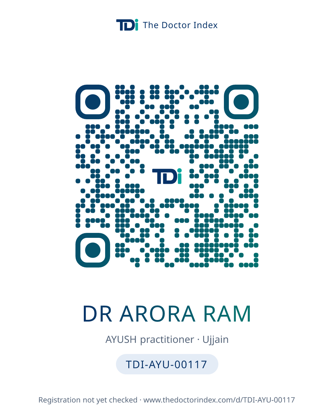 QR card for Dr Arora Ram, TDI-AYU-00117