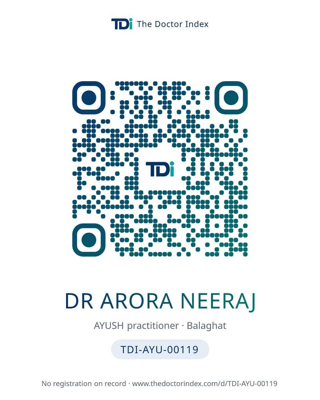 QR card for Dr Arora Neeraj, TDI-AYU-00119