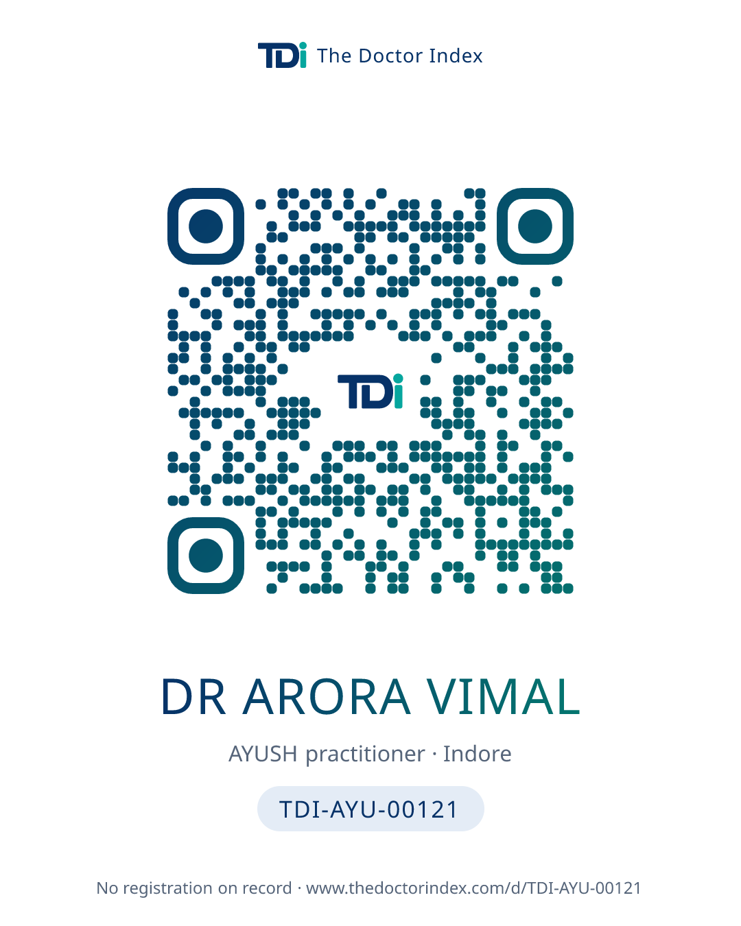 QR card for Dr Arora Vimal, TDI-AYU-00121