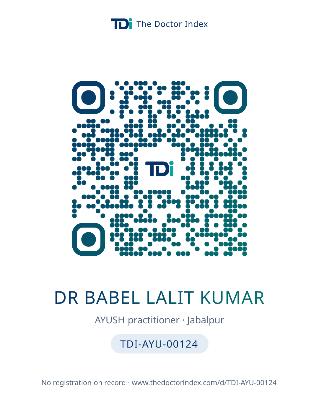 QR card for Dr Babel Lalit Kumar, TDI-AYU-00124