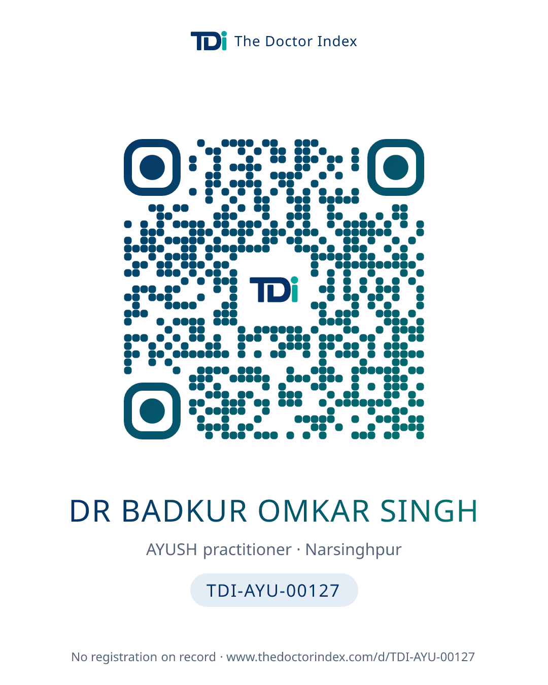 QR card for Dr Badkur Omkar Singh, TDI-AYU-00127