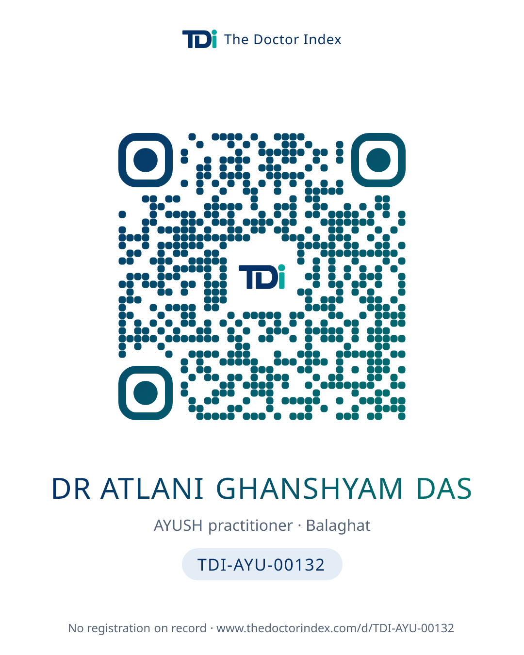 QR card for Dr Atlani Ghanshyam Das, TDI-AYU-00132