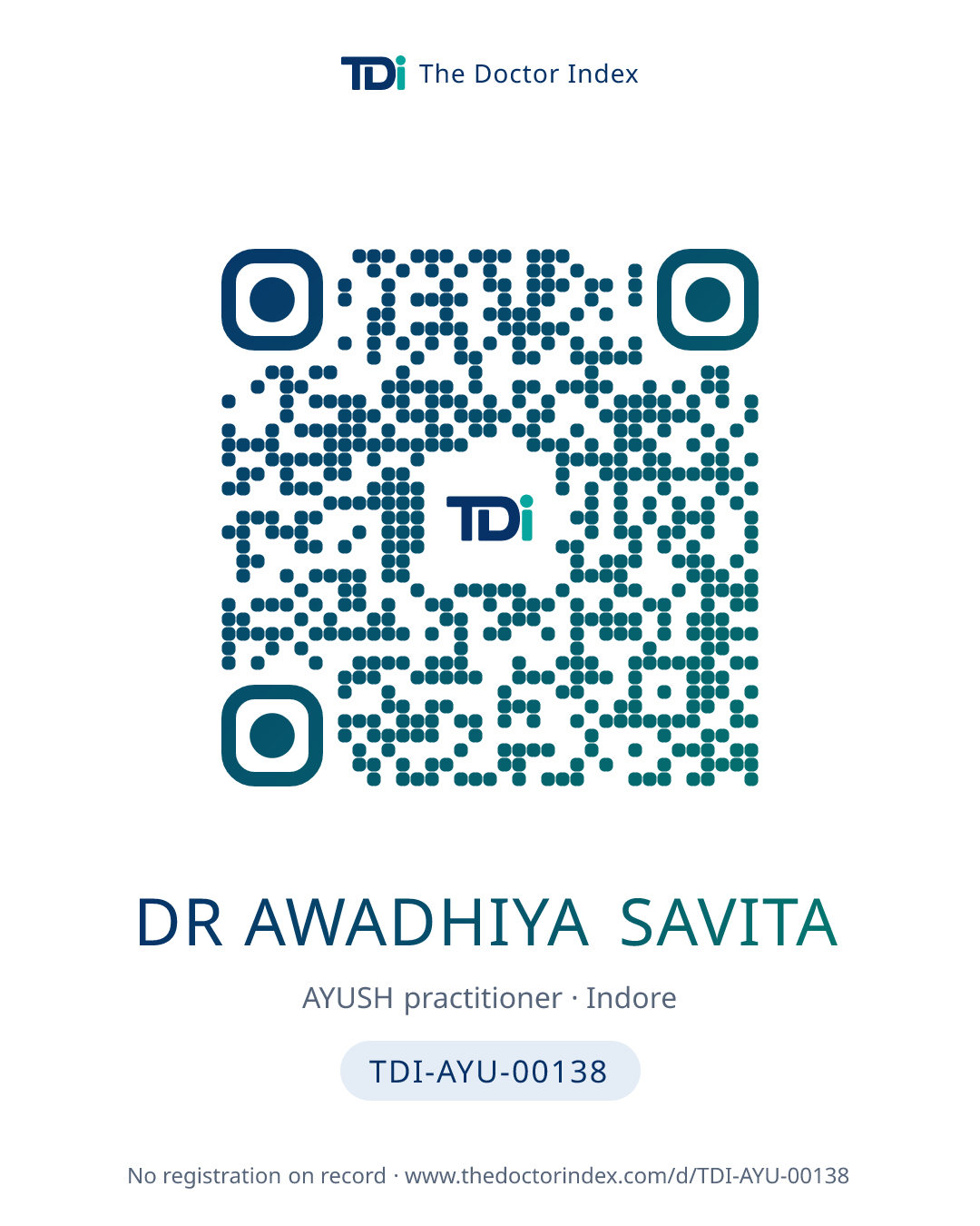 QR card for Dr Awadhiya Savita, TDI-AYU-00138
