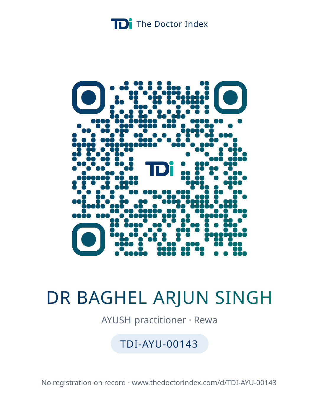 QR card for Dr Baghel Arjun Singh, TDI-AYU-00143