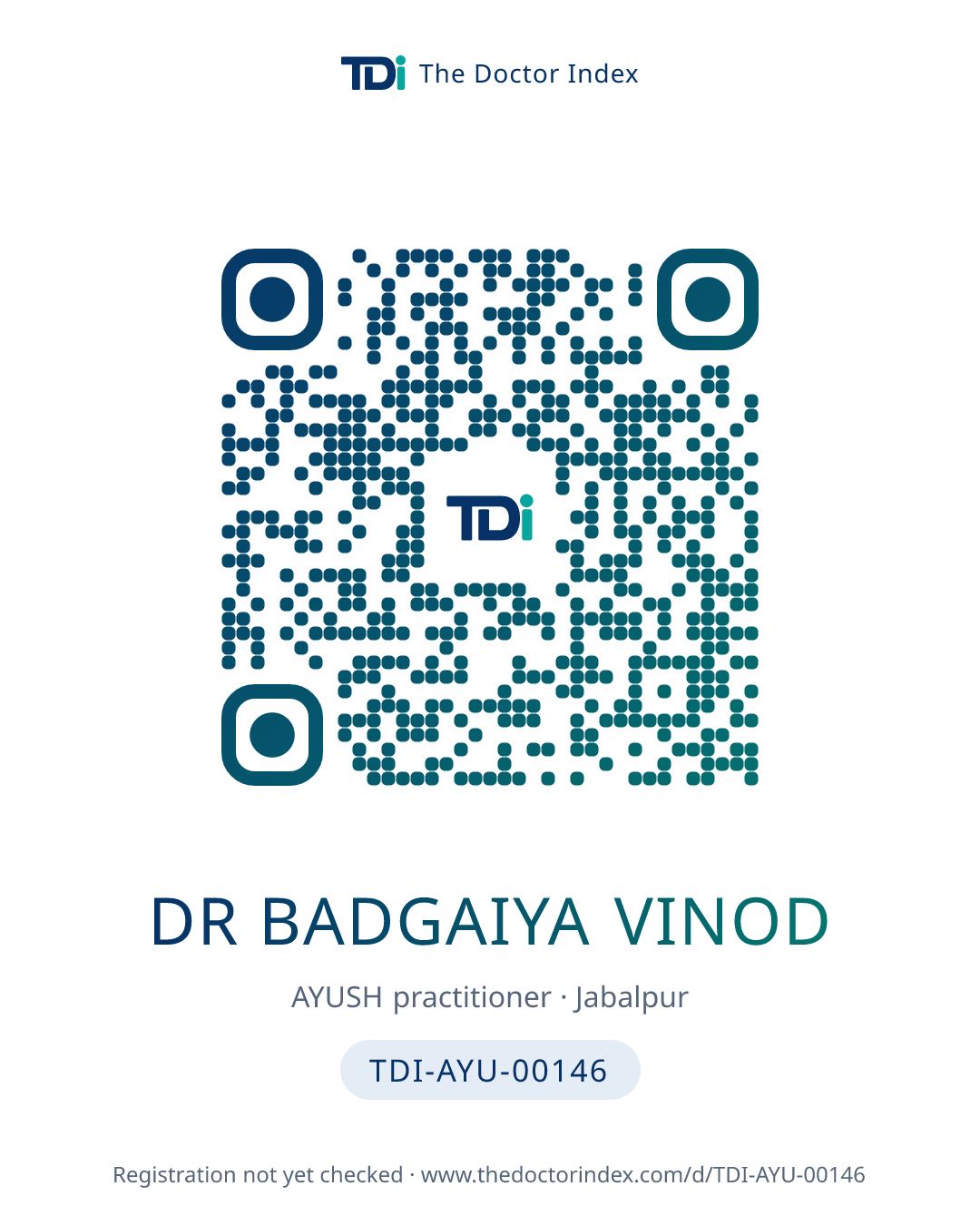 QR card for Dr Badgaiya Vinod, TDI-AYU-00146
