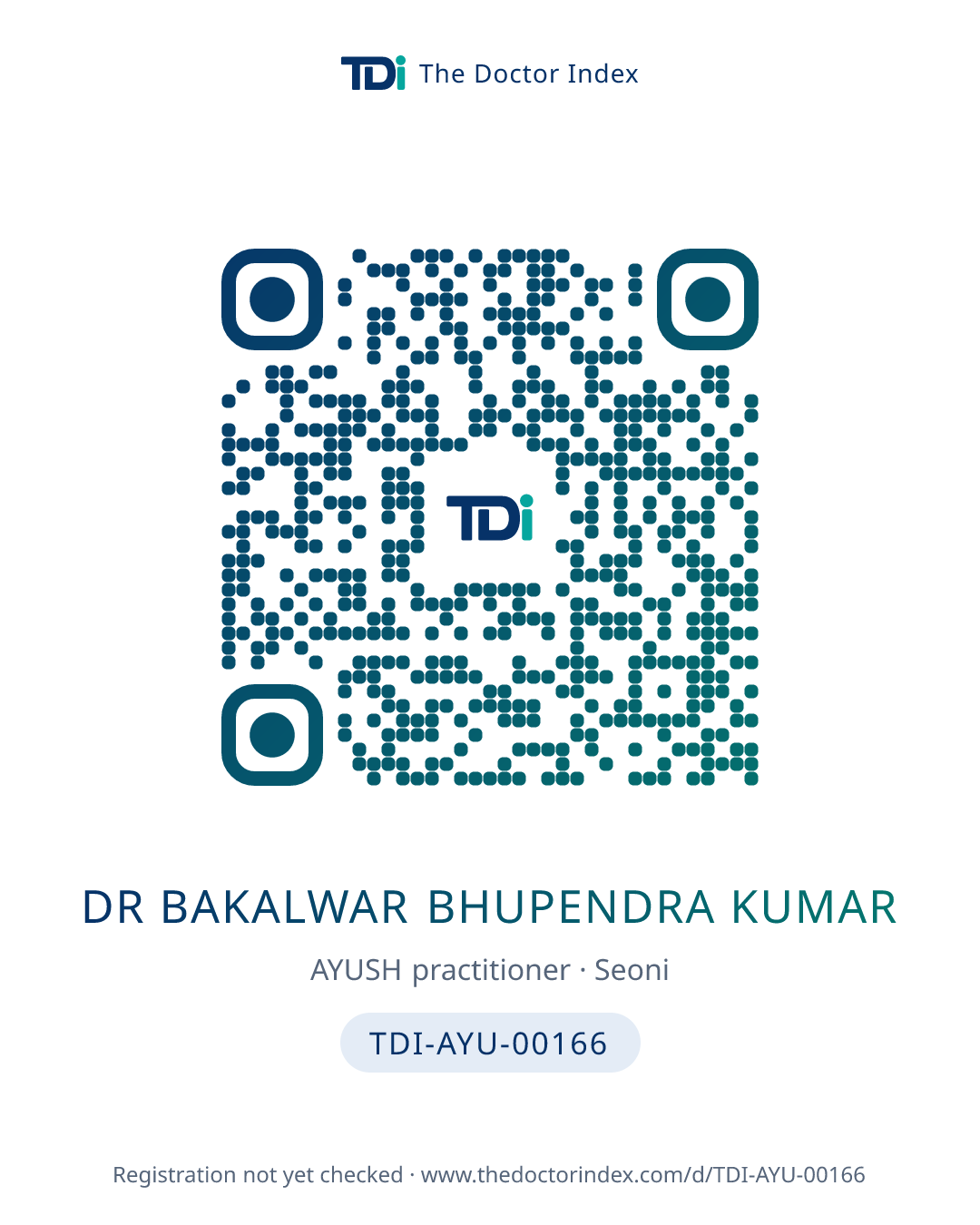 QR card for Dr Bakalwar Bhupendra Kumar, TDI-AYU-00166