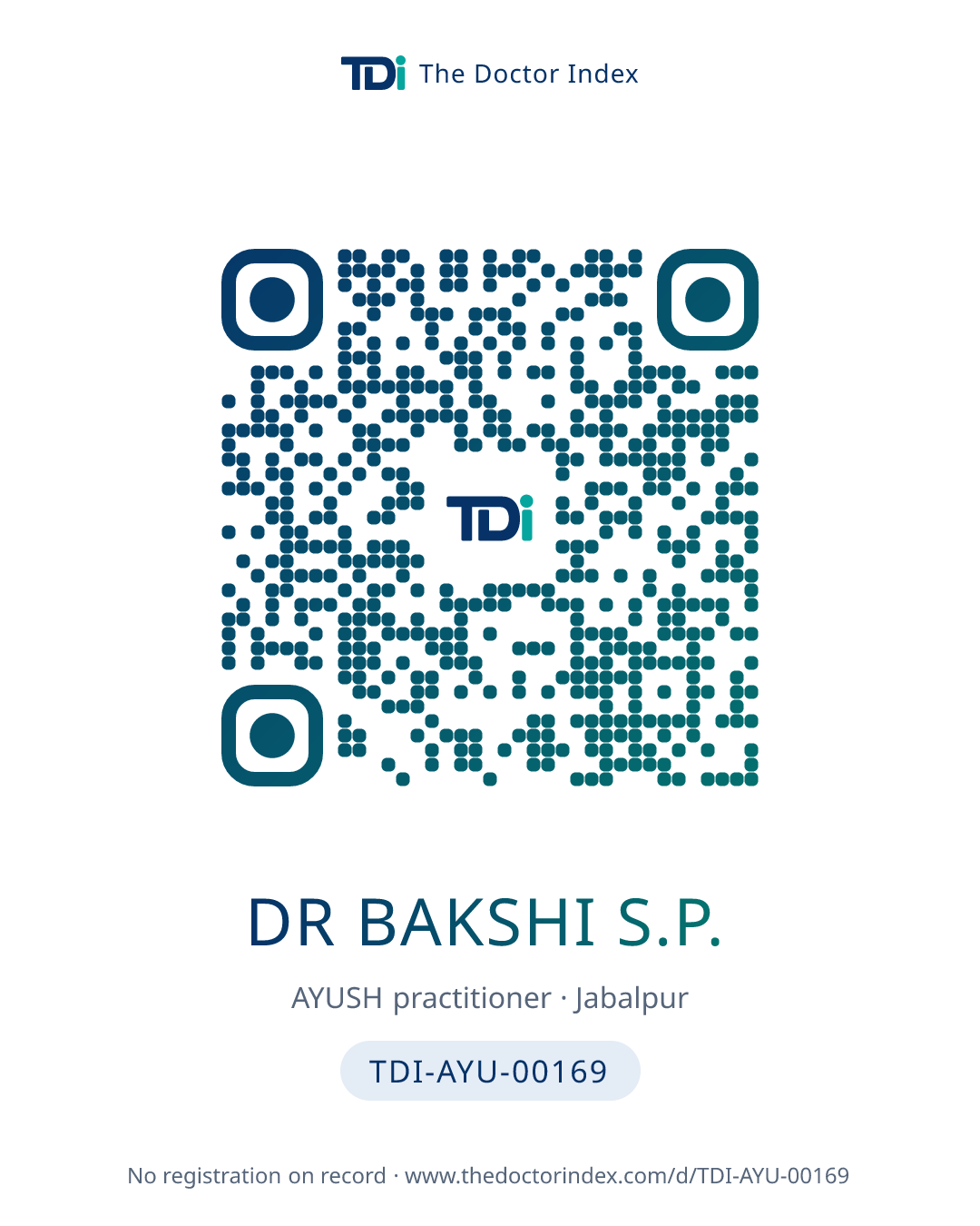 QR card for Dr Bakshi S.P., TDI-AYU-00169