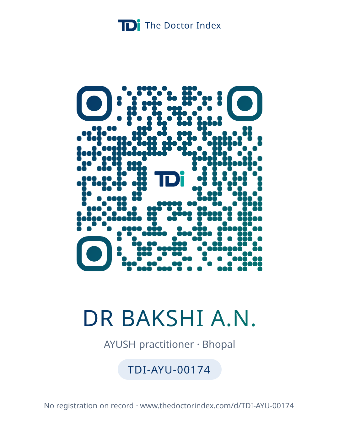 QR card for Dr Bakshi A.N., TDI-AYU-00174