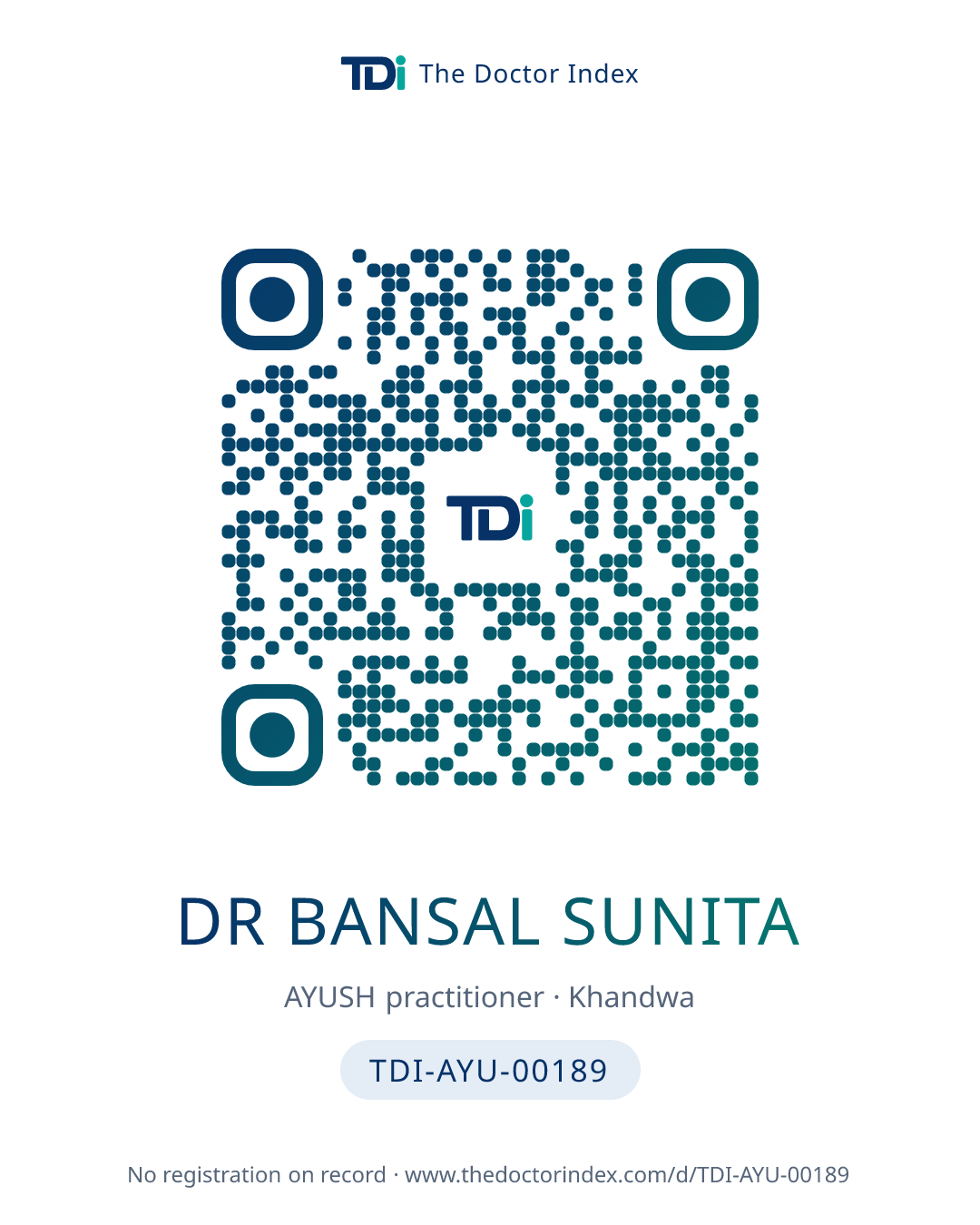 QR card for Dr Bansal Sunita, TDI-AYU-00189