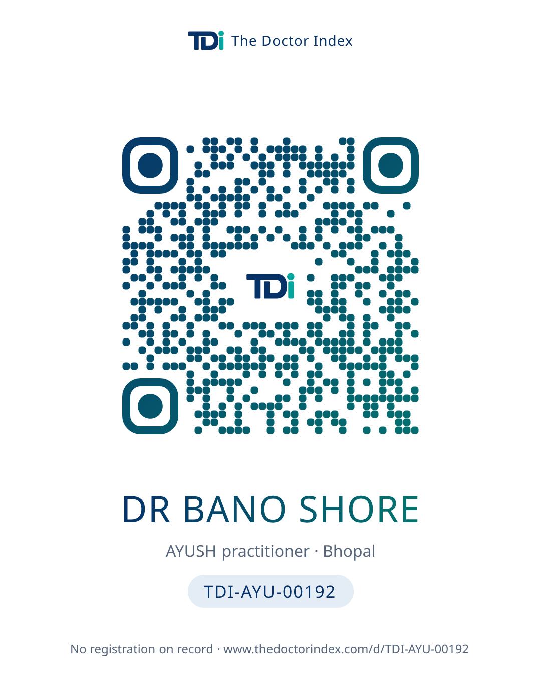 QR card for Dr Bano Shore, TDI-AYU-00192