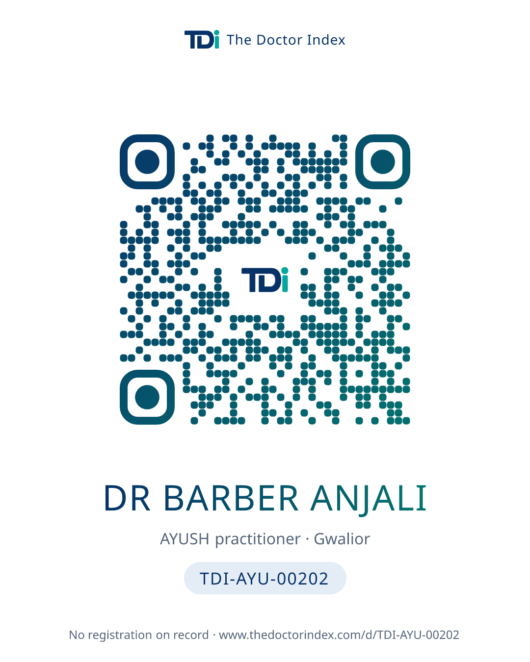 QR card for Dr Barber Anjali, TDI-AYU-00202