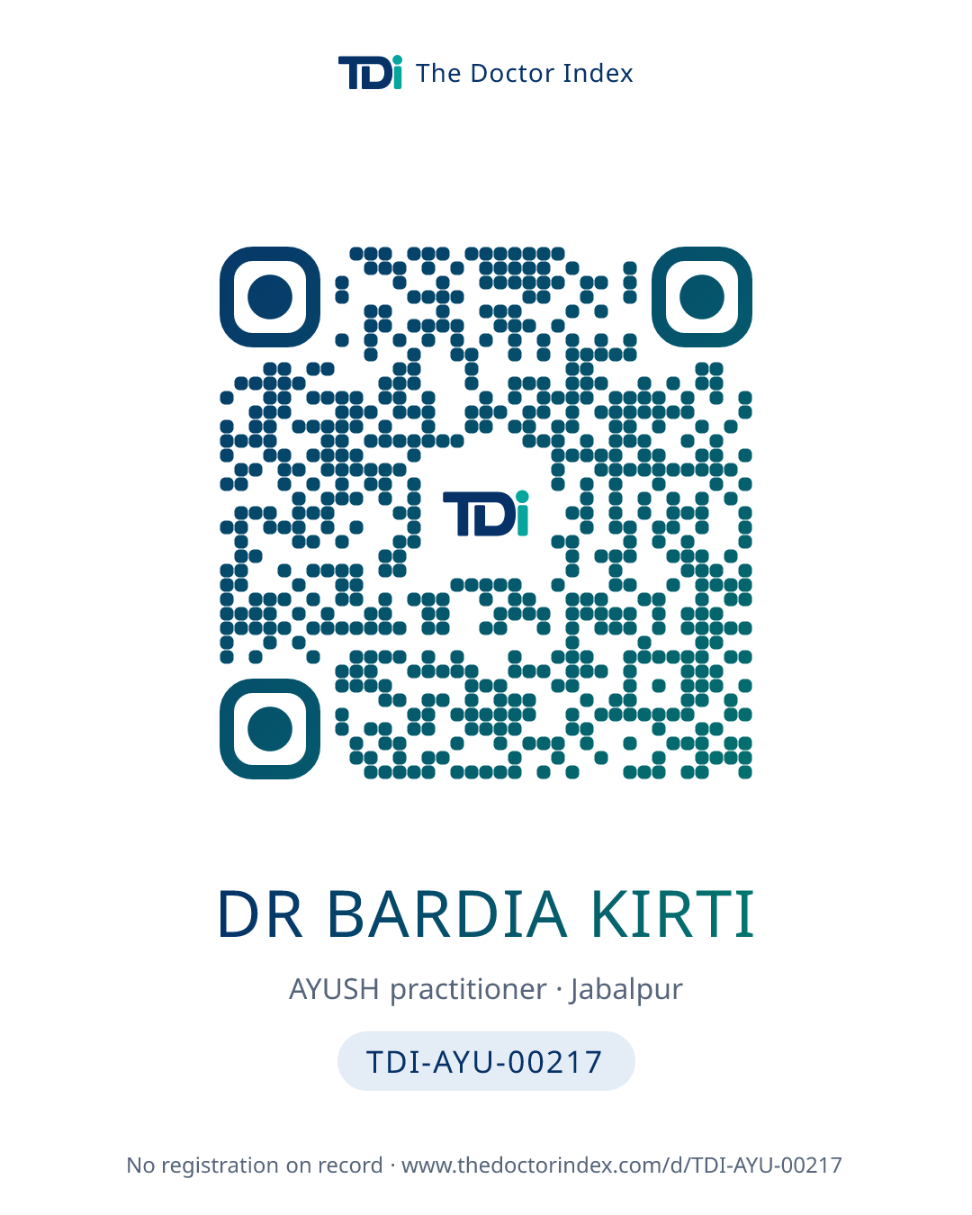 QR card for Dr Bardia Kirti, TDI-AYU-00217