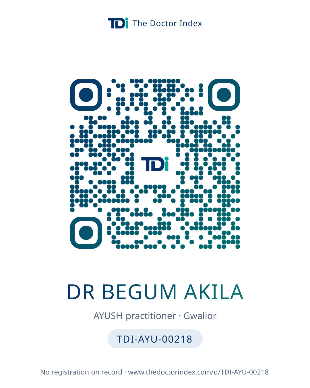 QR card for Dr Begum Akila, TDI-AYU-00218