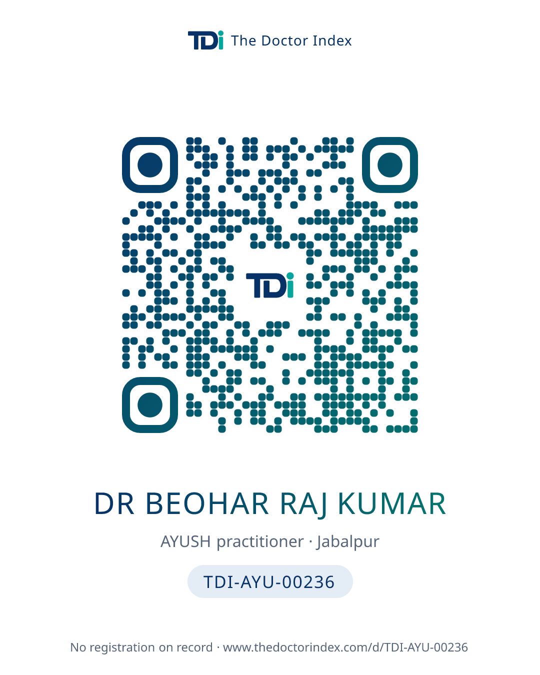 QR card for Dr Beohar Raj Kumar, TDI-AYU-00236