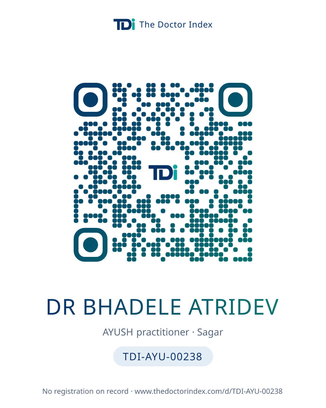 QR card for Dr Bhadele Atridev, TDI-AYU-00238