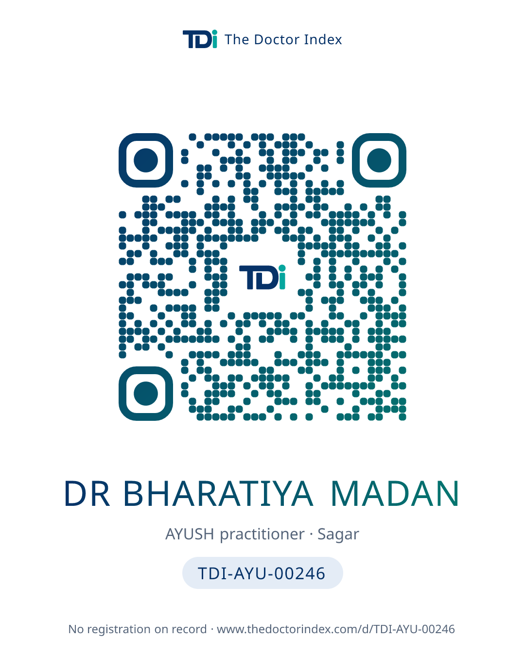 QR card for Dr Bharatiya Madan, TDI-AYU-00246