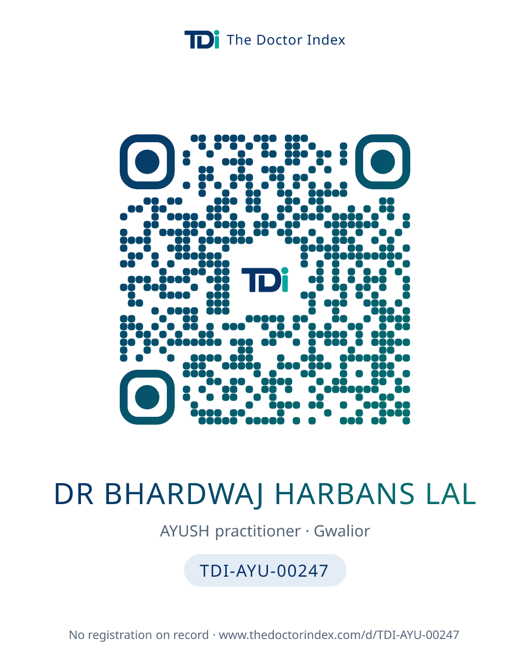 QR card for Dr Bhardwaj Harbans Lal, TDI-AYU-00247
