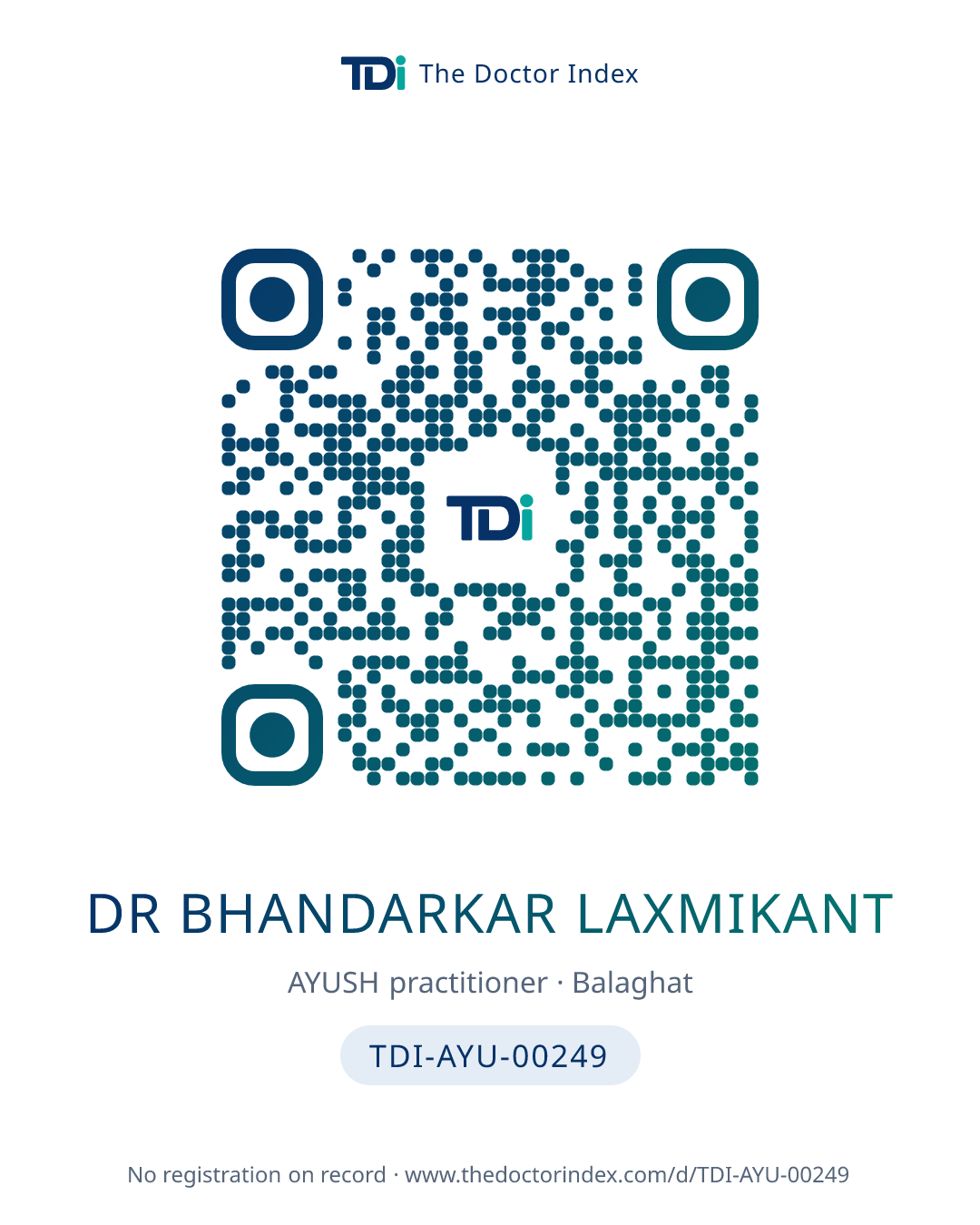 QR card for Dr Bhandarkar Laxmikant, TDI-AYU-00249