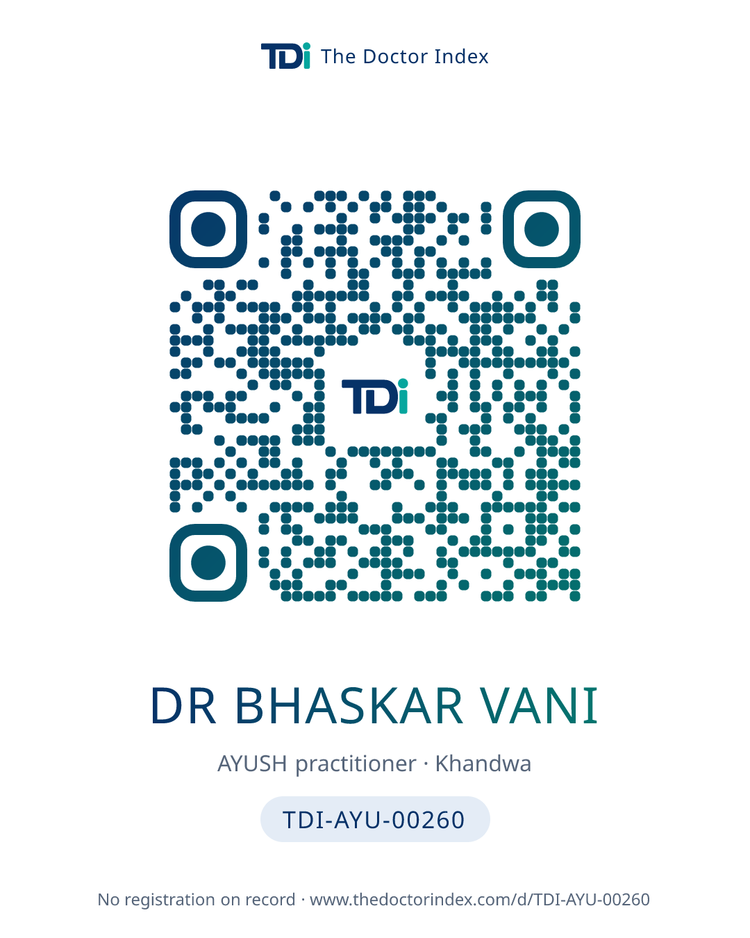 QR card for Dr Bhaskar Vani, TDI-AYU-00260