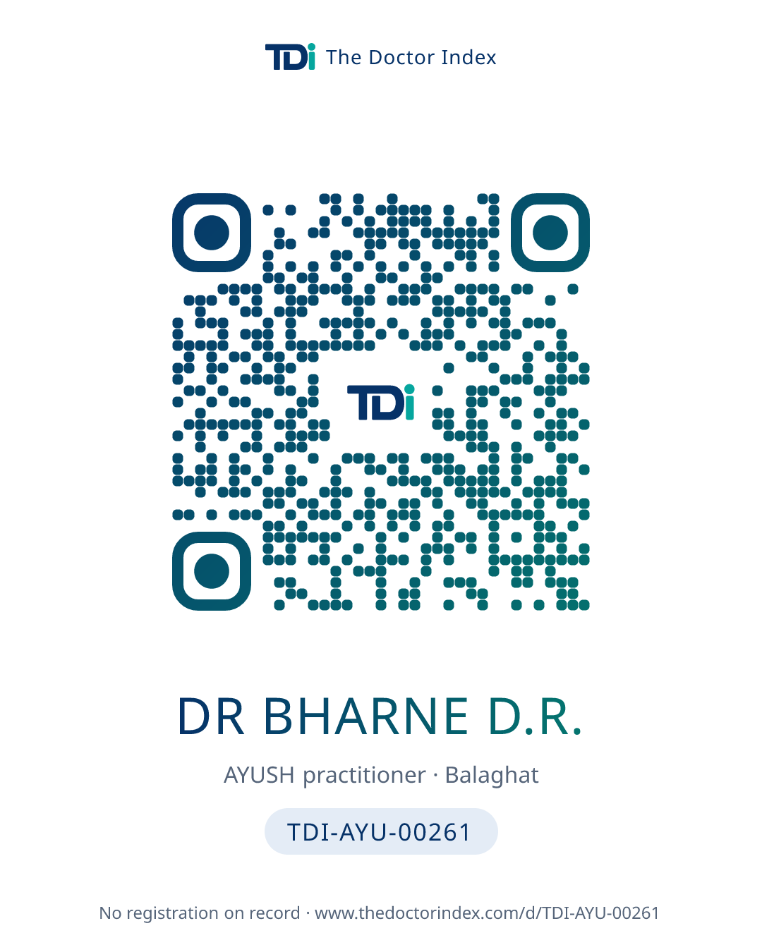 QR card for Dr Bharne D.R., TDI-AYU-00261