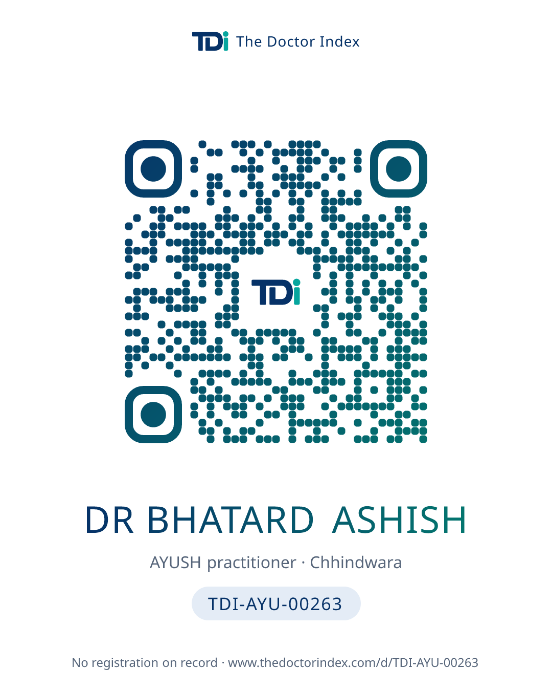 QR card for Dr Bhatard Ashish, TDI-AYU-00263