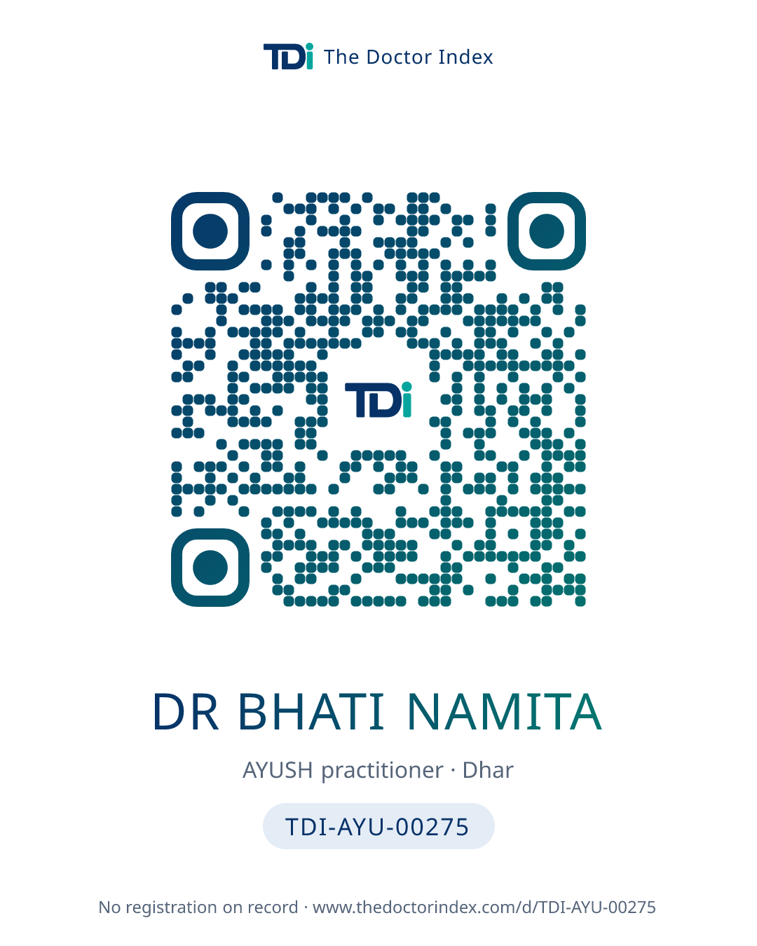 QR card for Dr Bhati Namita, TDI-AYU-00275