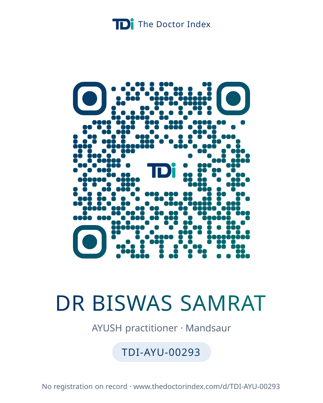 QR card for Dr Biswas Samrat, TDI-AYU-00293