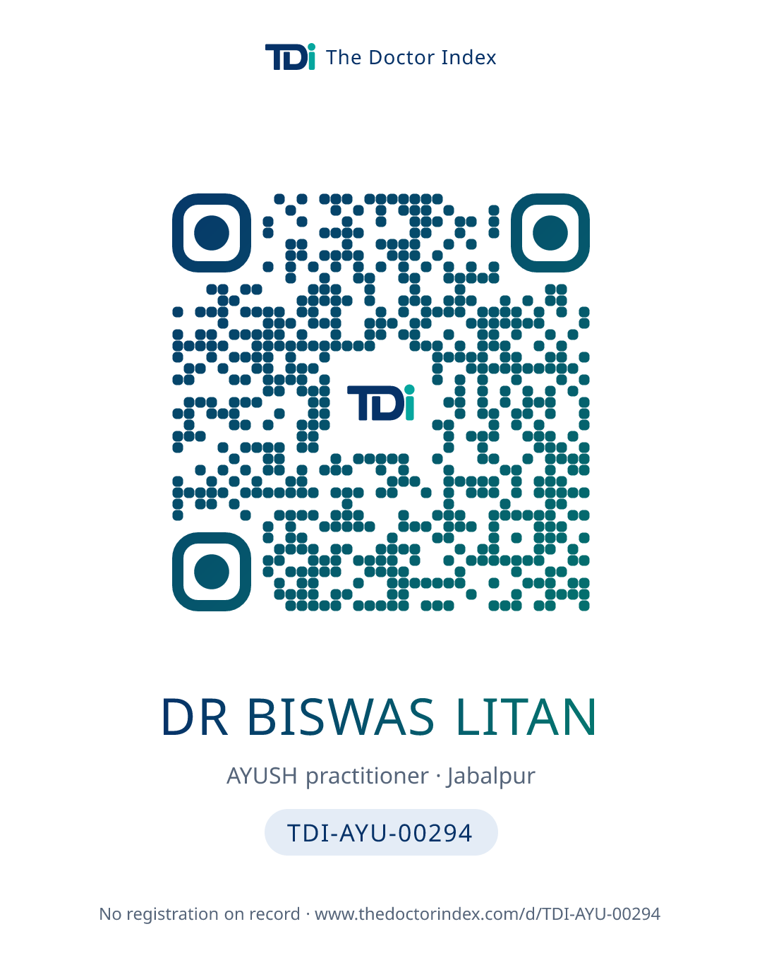 QR card for Dr Biswas Litan, TDI-AYU-00294