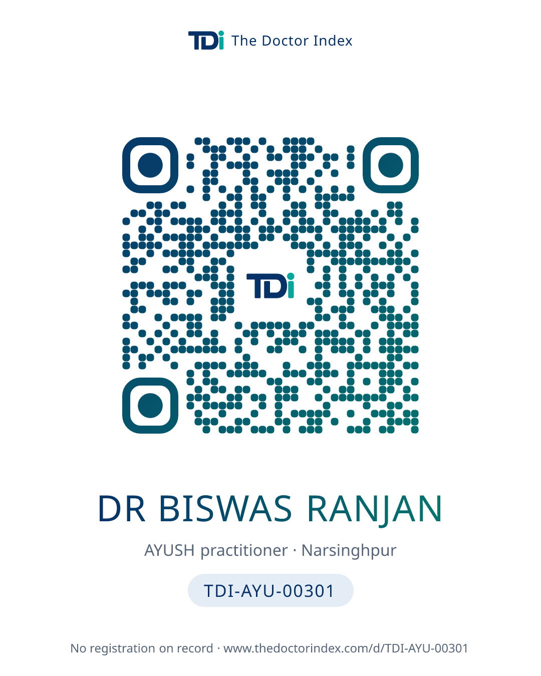 QR card for Dr Biswas Ranjan, TDI-AYU-00301