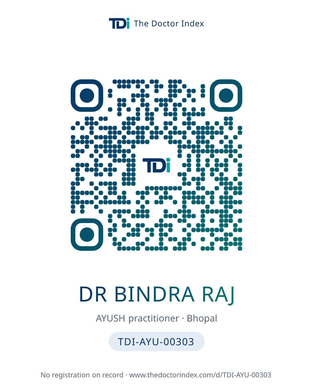 QR card for Dr Bindra Raj, TDI-AYU-00303