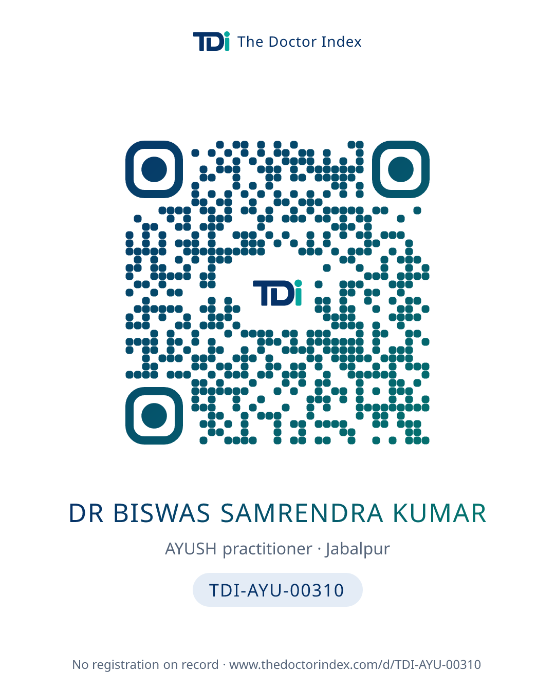 QR card for Dr Biswas Samrendra Kumar, TDI-AYU-00310