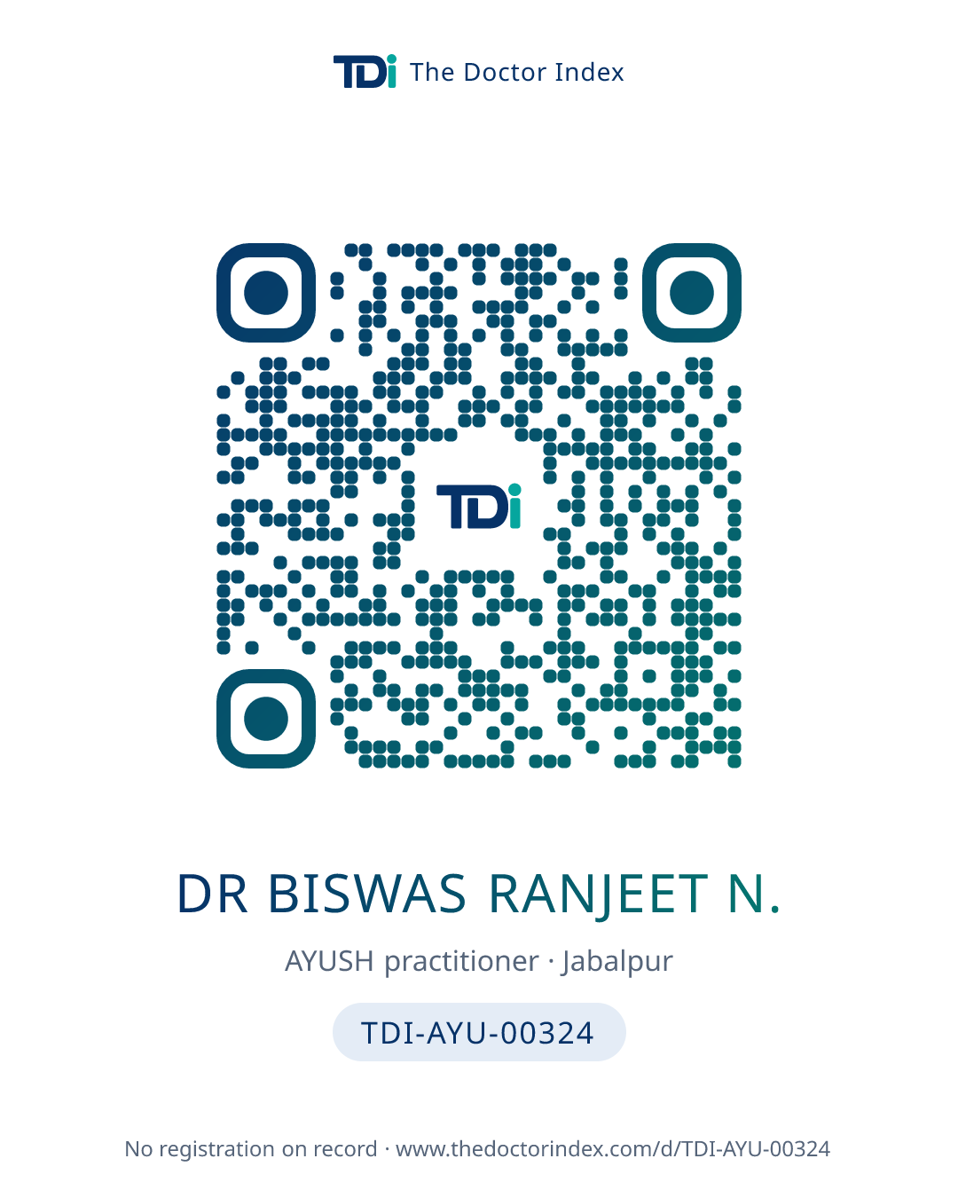 QR card for Dr Biswas Ranjeet N., TDI-AYU-00324