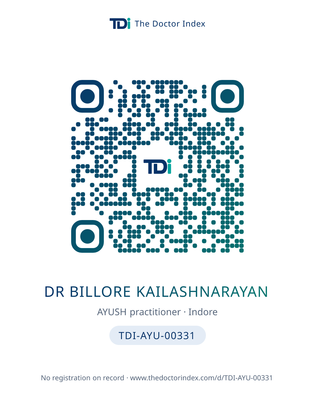 QR card for Dr Billore Kailashnarayan, TDI-AYU-00331