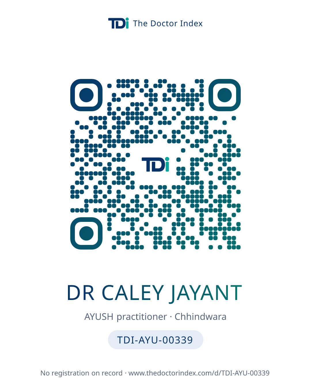 QR card for Dr Caley Jayant, TDI-AYU-00339