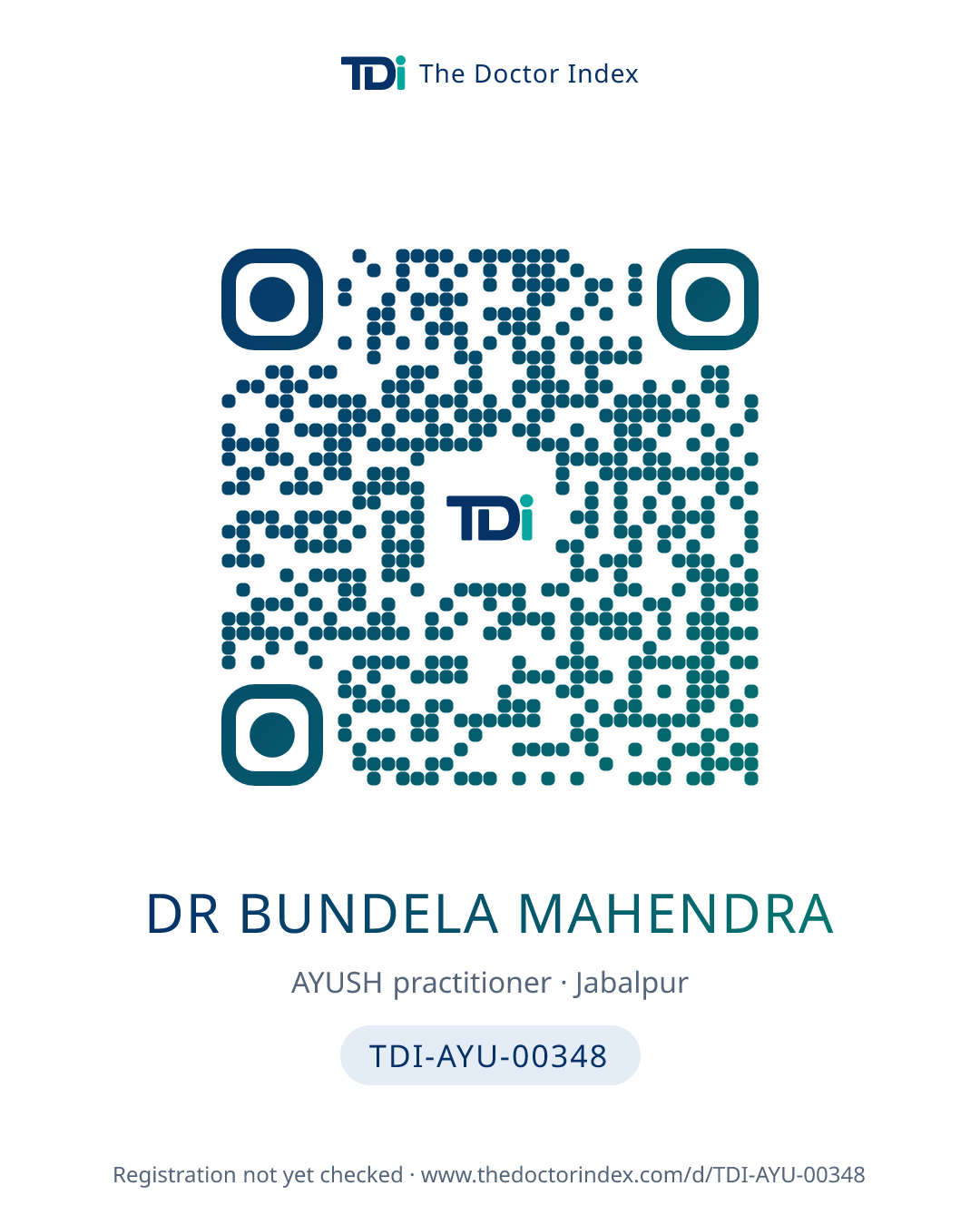 QR card for Dr Bundela Mahendra, TDI-AYU-00348